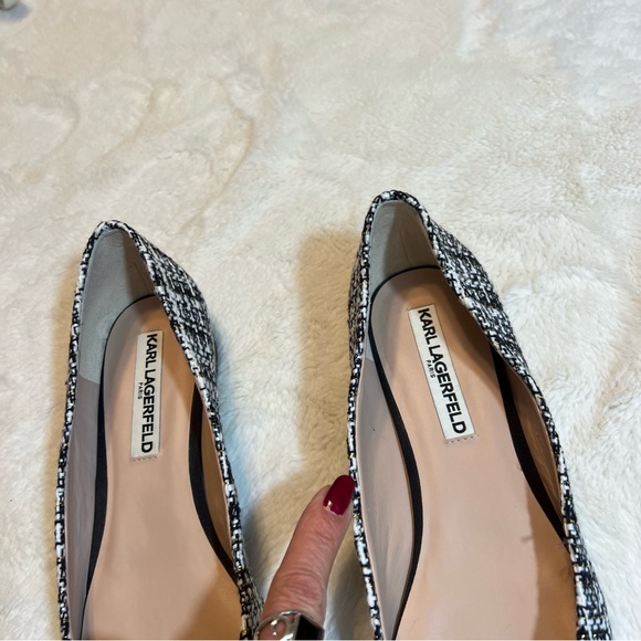 Karl Lagerfeld Black and White Pearl And Tweed Bow Ballet Flats - Picture 8 of 9